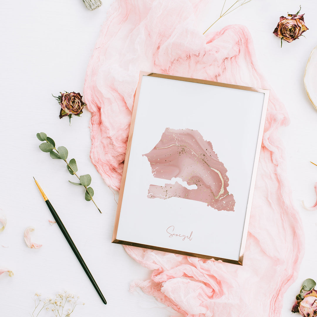 Senegal Map Pink and Gold Wall Art Print