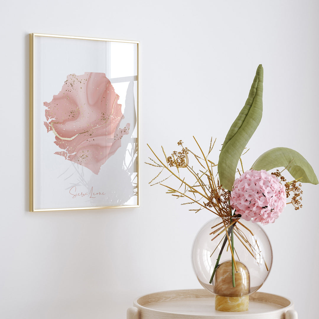 Sierra Leone Map Pink and Gold Wall Art Print