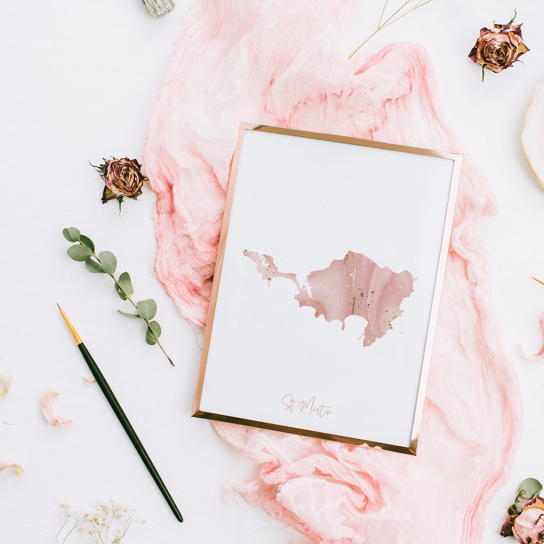 Saint Martin Map Pink and Gold Wall Art Print