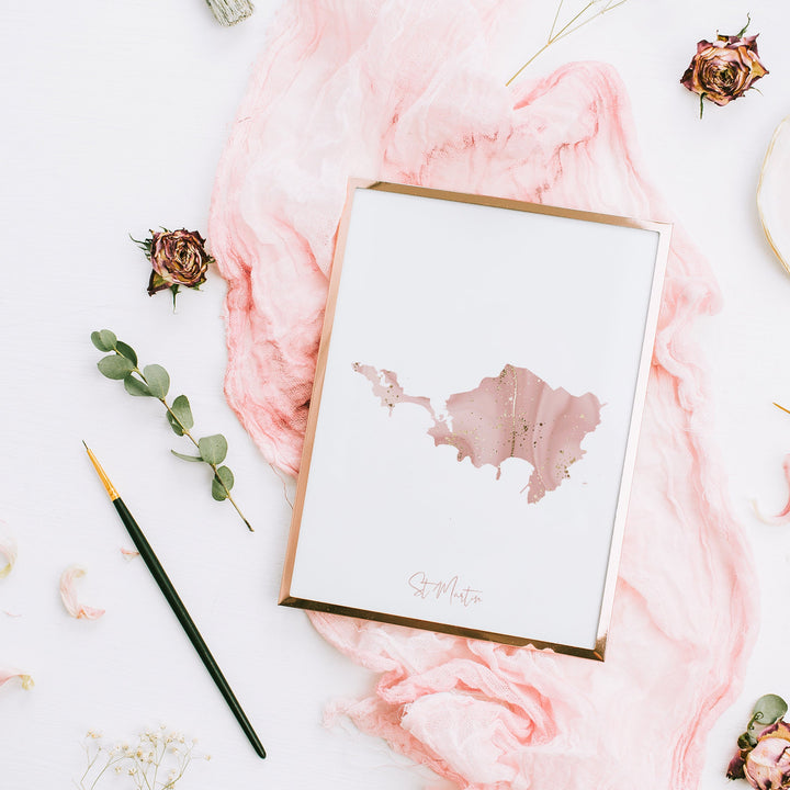 Saint Martin Map Pink and Gold Wall Art Print