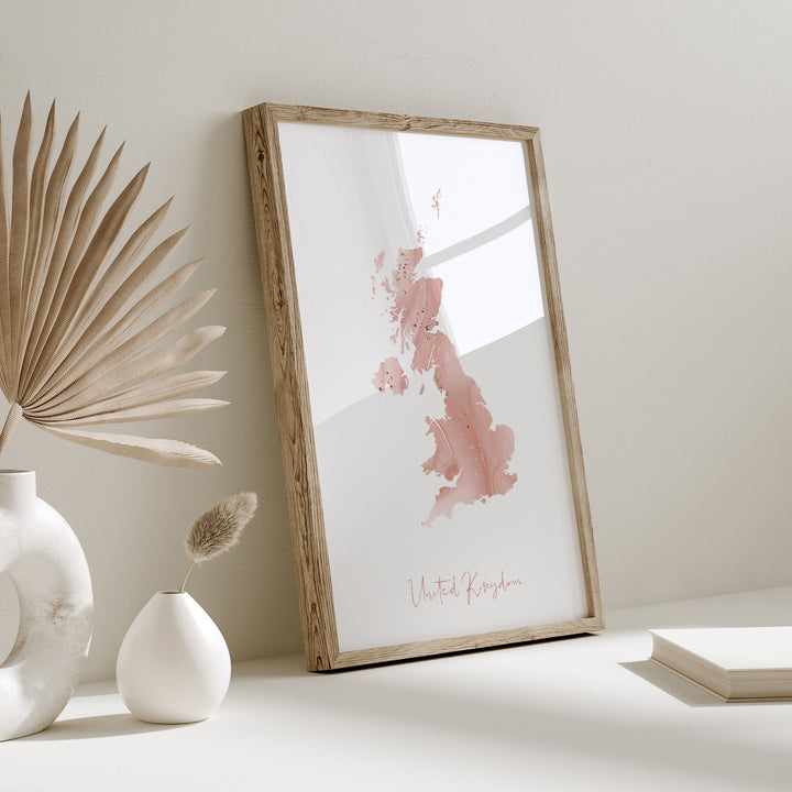 United Kingdom Map Pink and Gold Wall Art Print