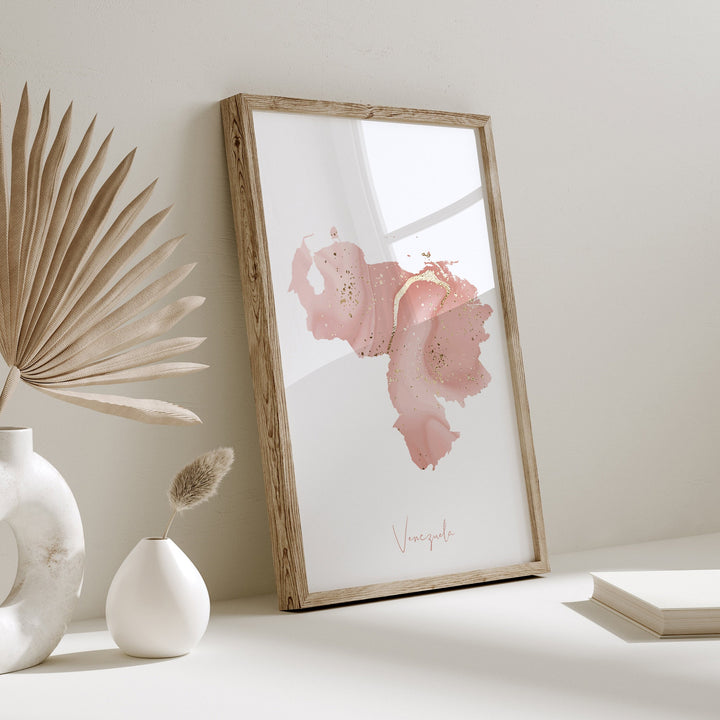 Venezuela Map Pink and Gold Wall Art Print