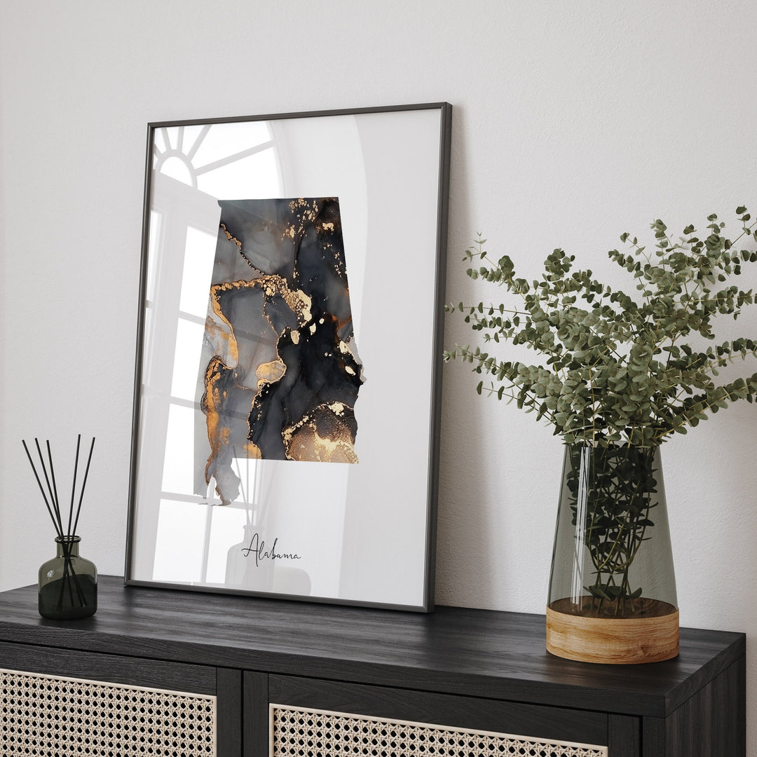 Alabama Map Black & Gold Wall Art Print US State