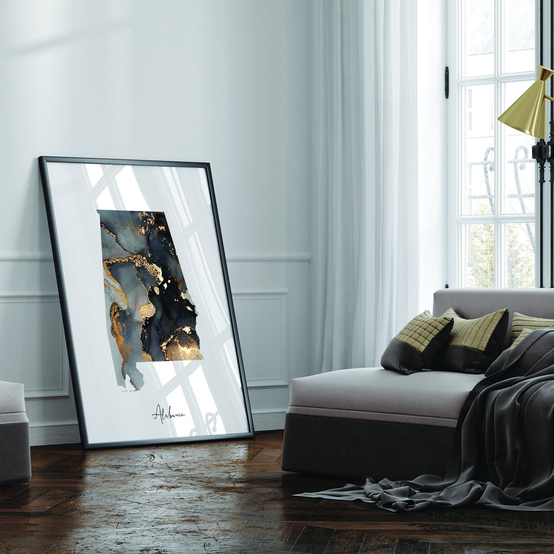 Alabama Map Black & Gold Wall Art Print US State