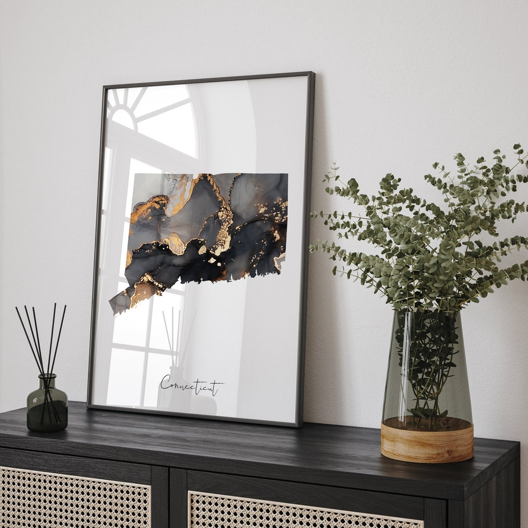 Connecticut Map Black & Gold Wall Art Print US State