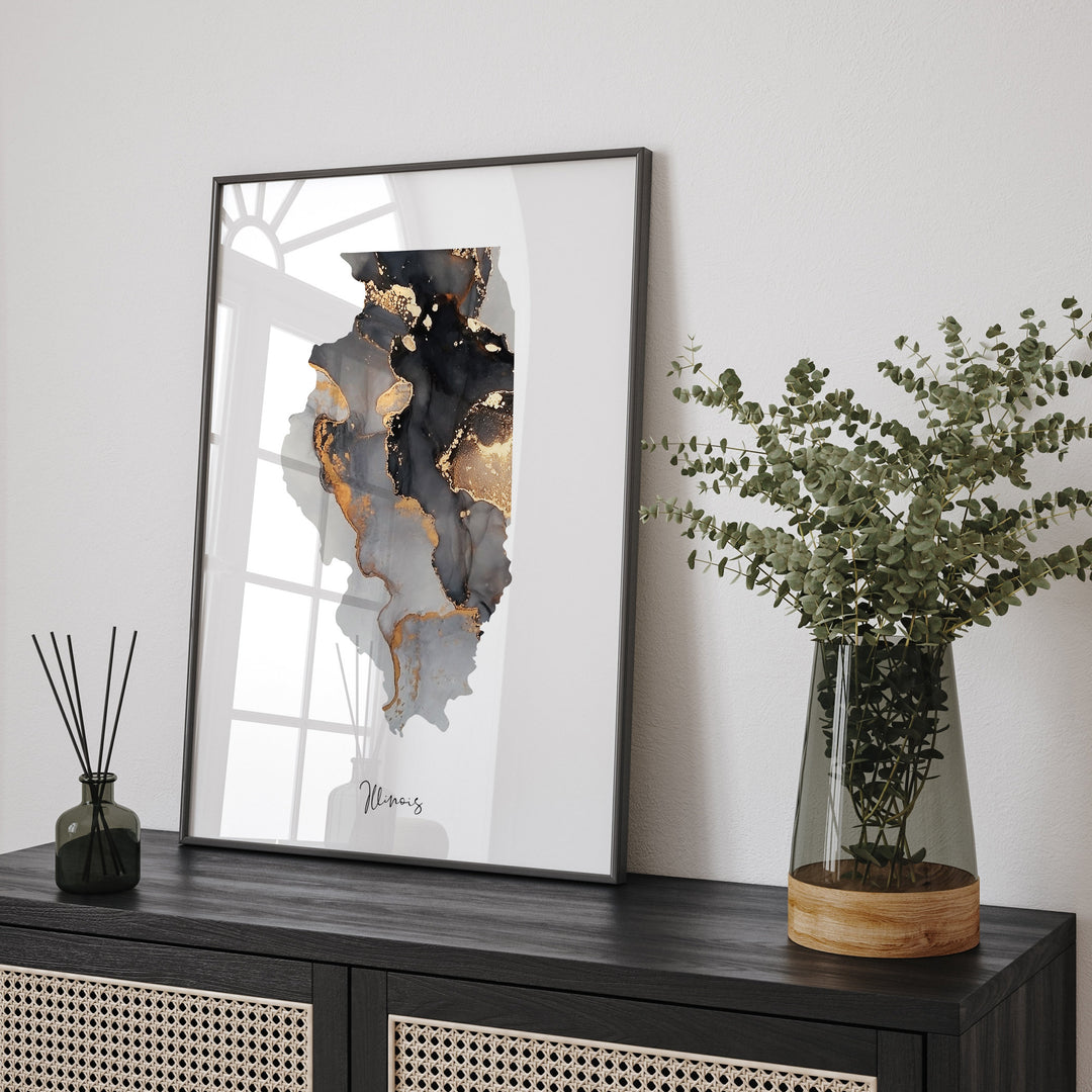 Illinois Map Black & Gold Wall Art Print US State | USA | United States of America