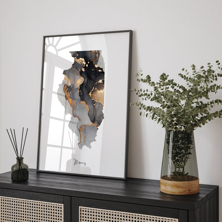 Illinois Map Black & Gold Wall Art Print US State | USA | United States of America