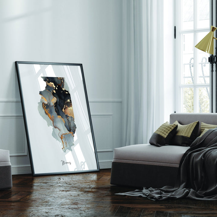 Illinois Map Black & Gold Wall Art Print US State | USA | United States of America