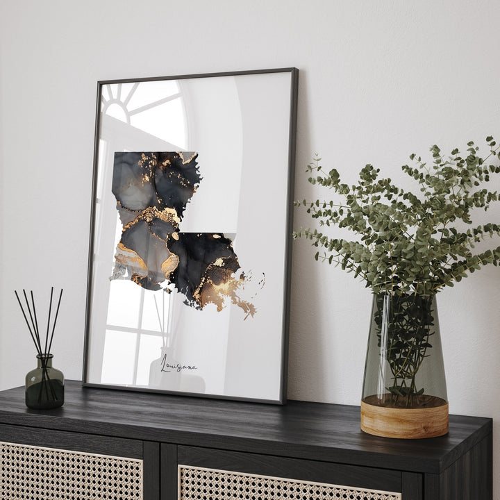 Louisiana Map Black & Gold Wall Art Print US State | USA | United States of America