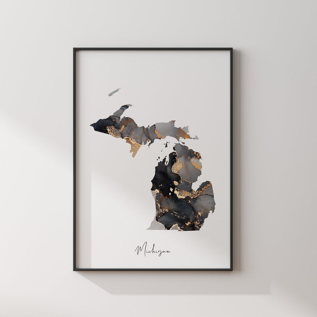 Michigan Map Black & Gold Wall Art Print US State | USA | United States of America