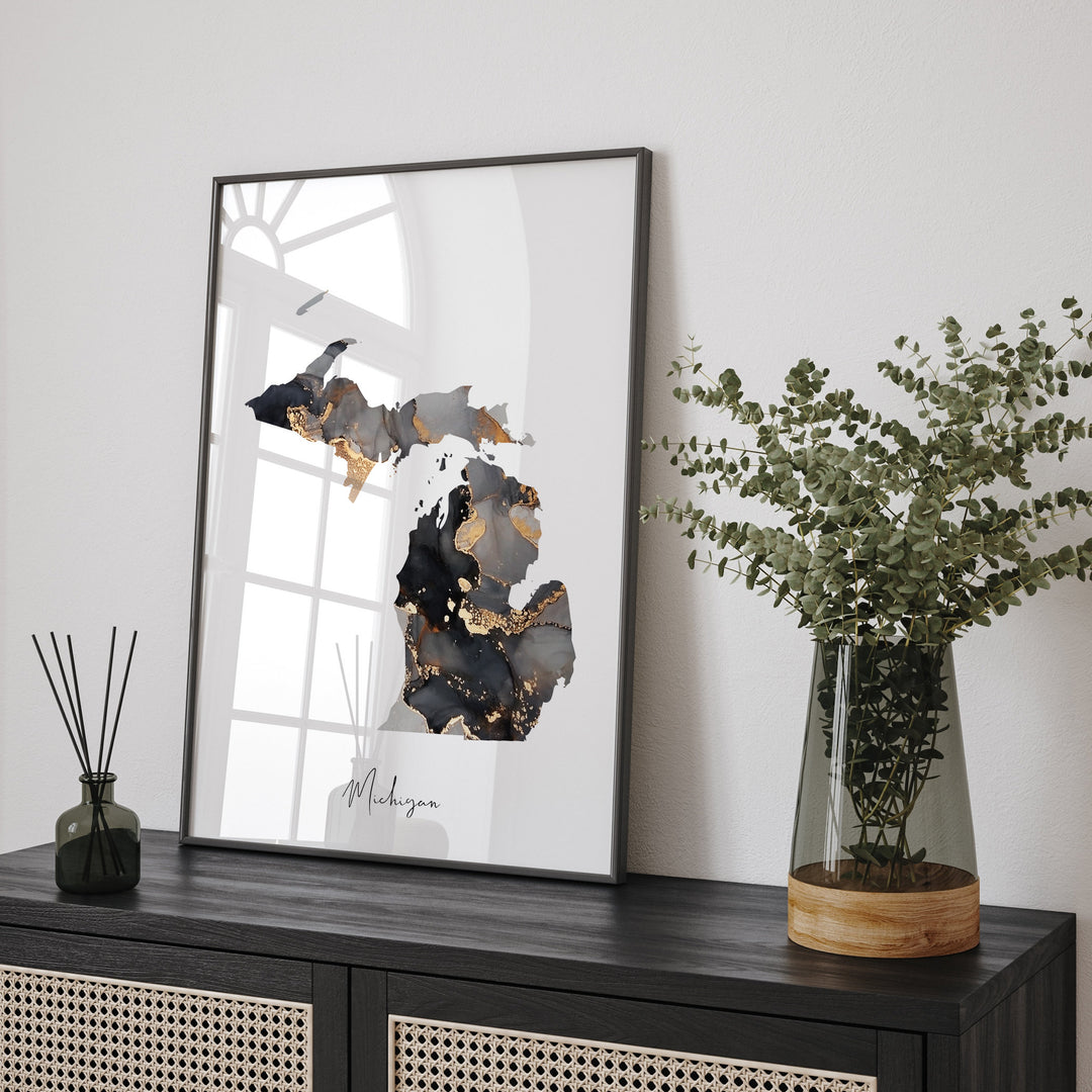 Michigan Map Black & Gold Wall Art Print US State | USA | United States of America