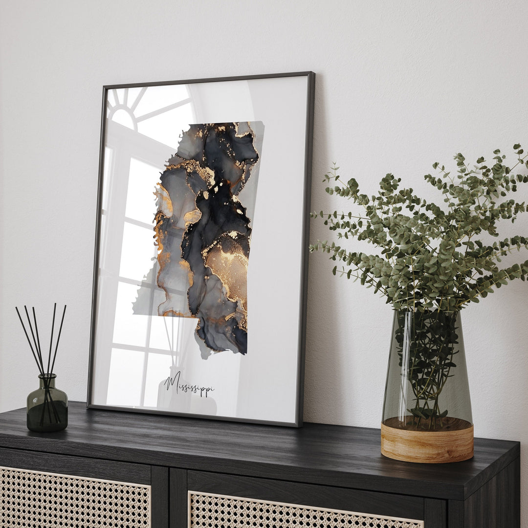 Mississippi Map Black & Gold Wall Art Print US State | USA | United States of America