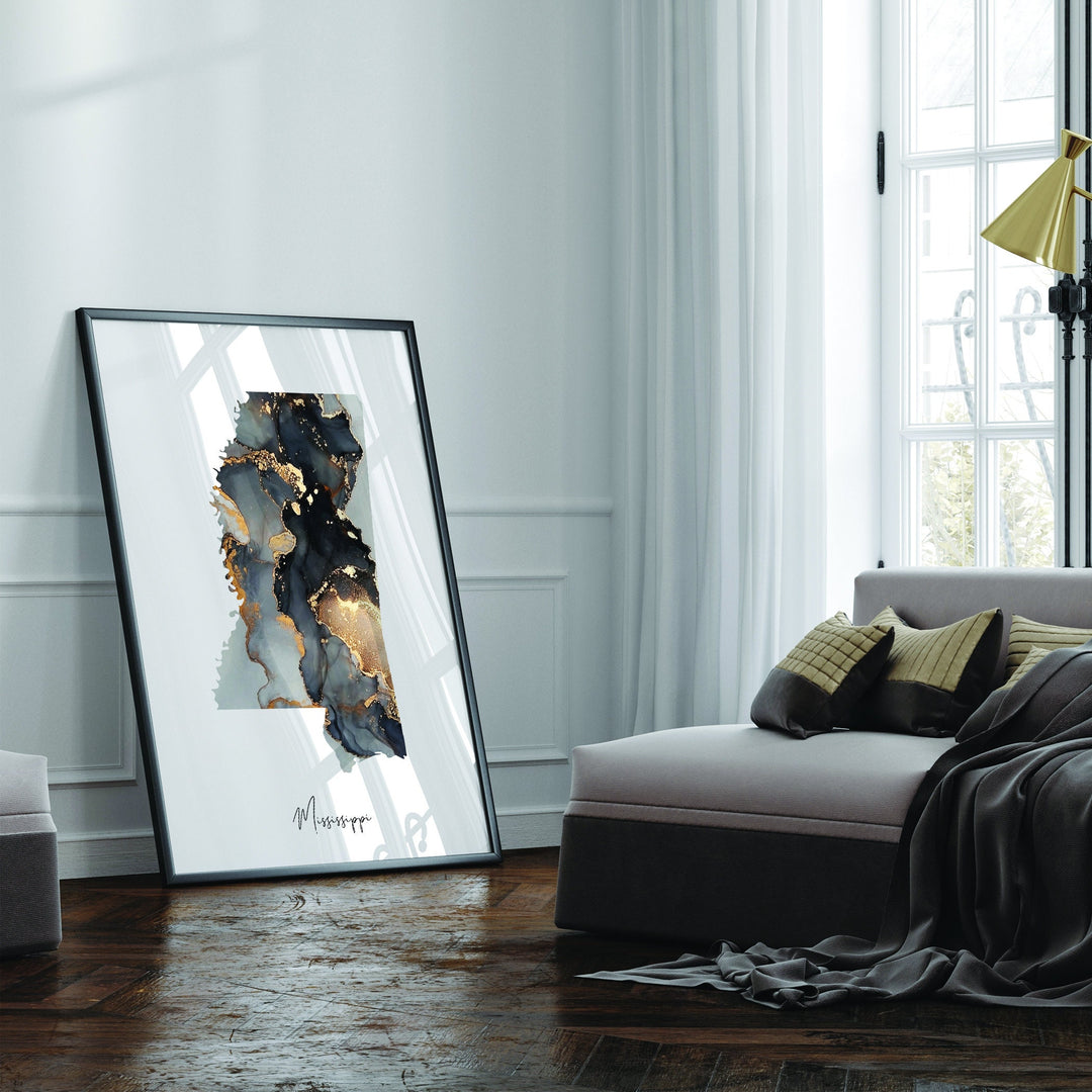 Mississippi Map Black & Gold Wall Art Print US State | USA | United States of America