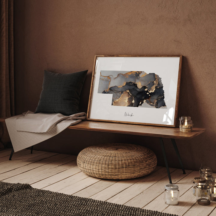 Nebraska Map Black & Gold Wall Art Print US State | USA | United States of America
