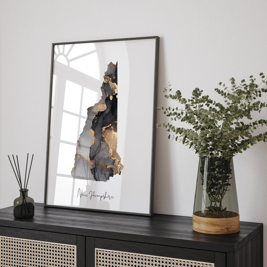New Hampshire Map Black & Gold Wall Art Print US State | USA | United States of America