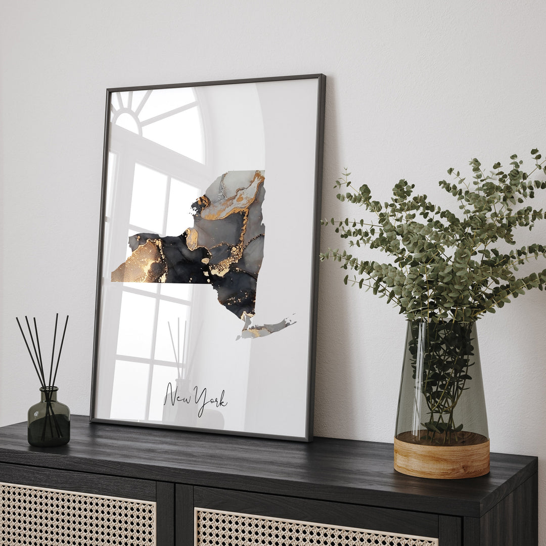 New York Map Black & Gold Wall Art Print US State | USA | United States of America