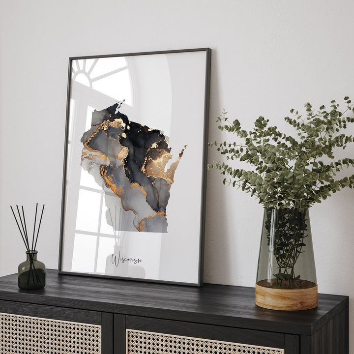 Wisconsin Map Black & Gold Wall Art Print US State | USA | United States of America