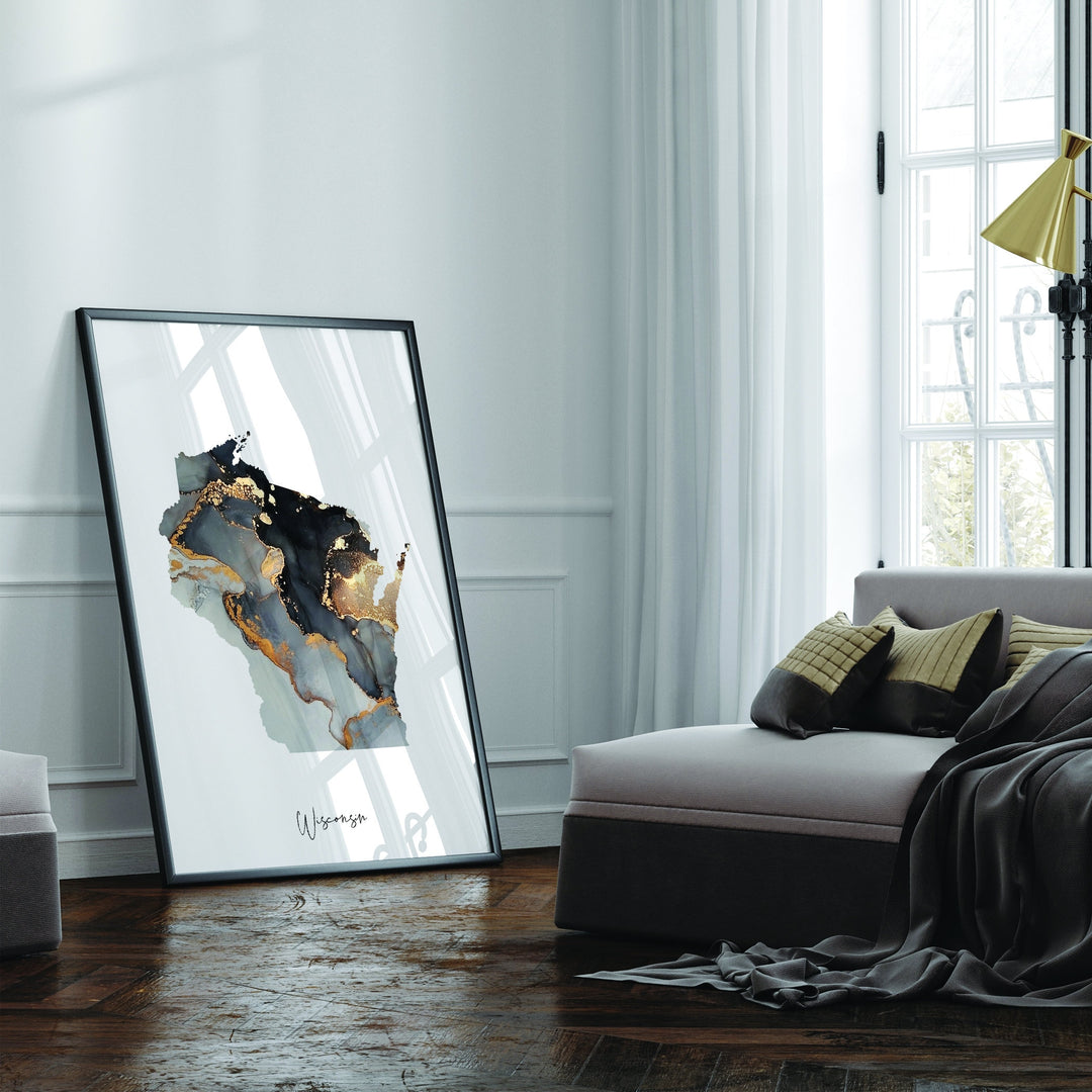 Wisconsin Map Black & Gold Wall Art Print US State | USA | United States of America