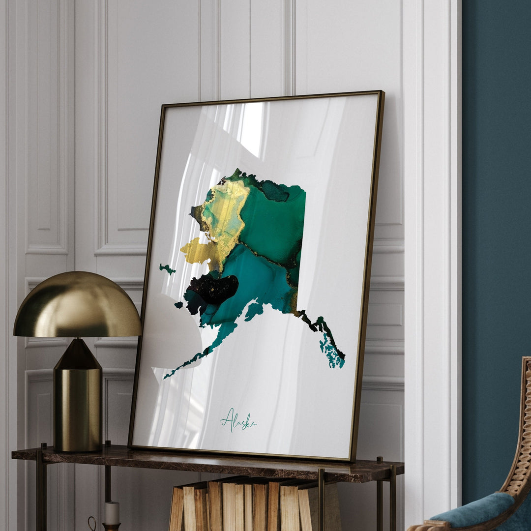 Alaska Map Emerald Green and Gold Wall Art Print | US State | USA | United States of America