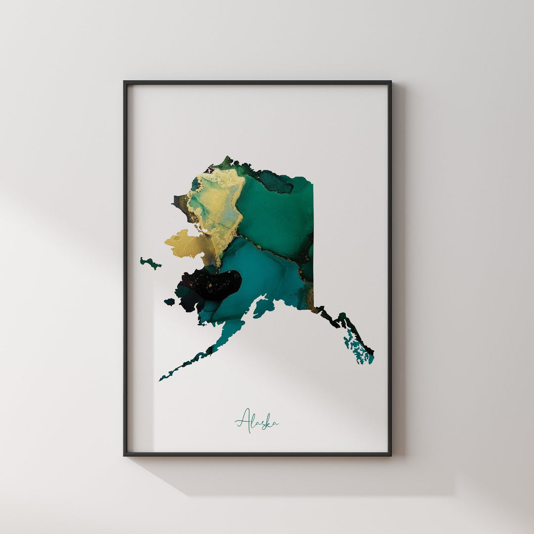 Alaska Map Emerald Green and Gold Wall Art Print | US State | USA | United States of America