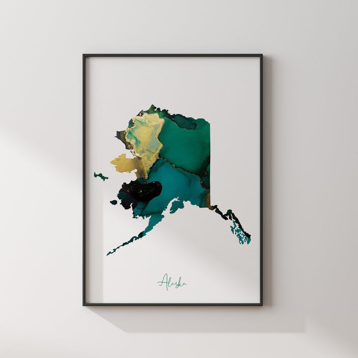 Alaska Map Emerald Green and Gold Wall Art Print | US State | USA | United States of America