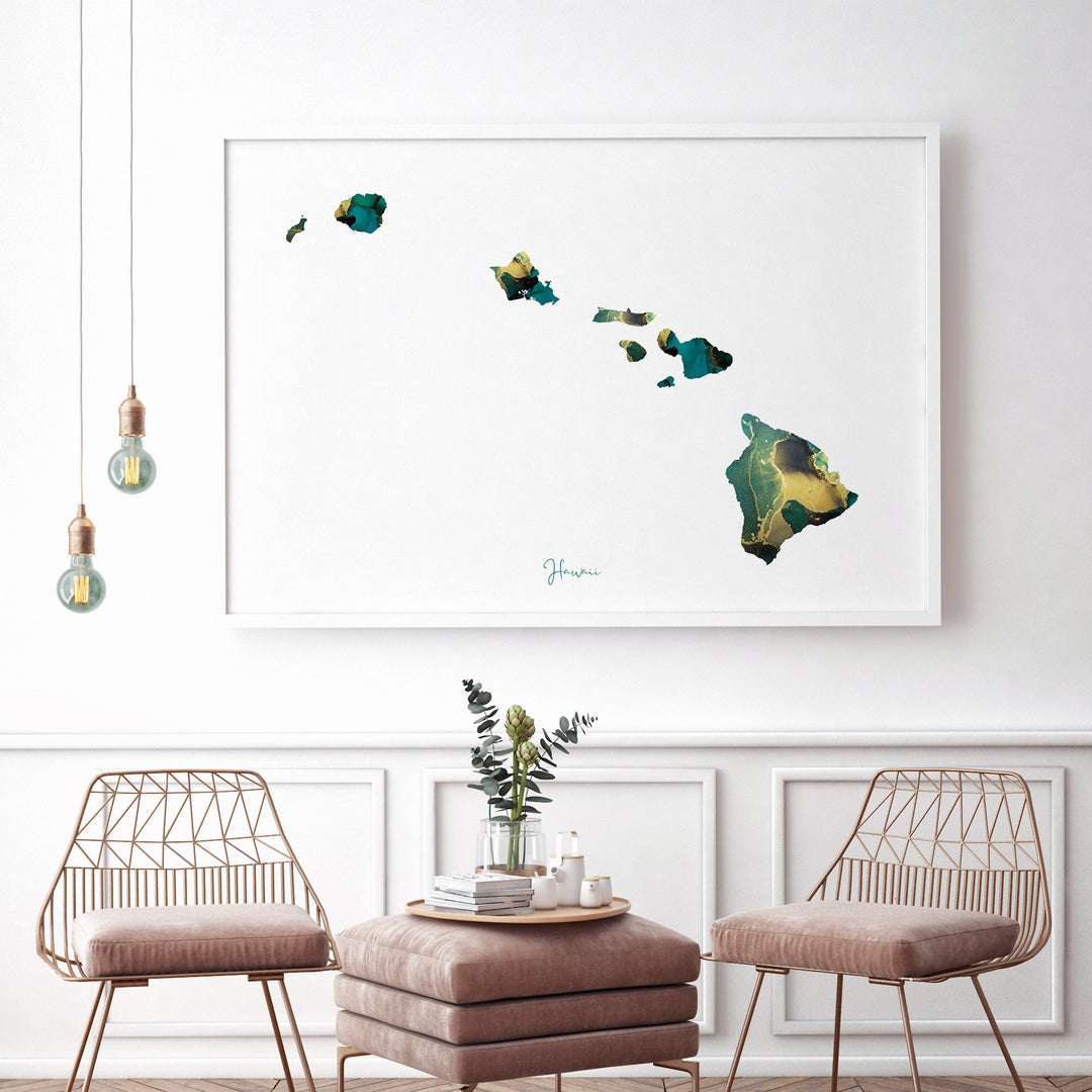 Hawaii Map Emerald Green and Gold Wall Art Print | US State | USA | United States of America