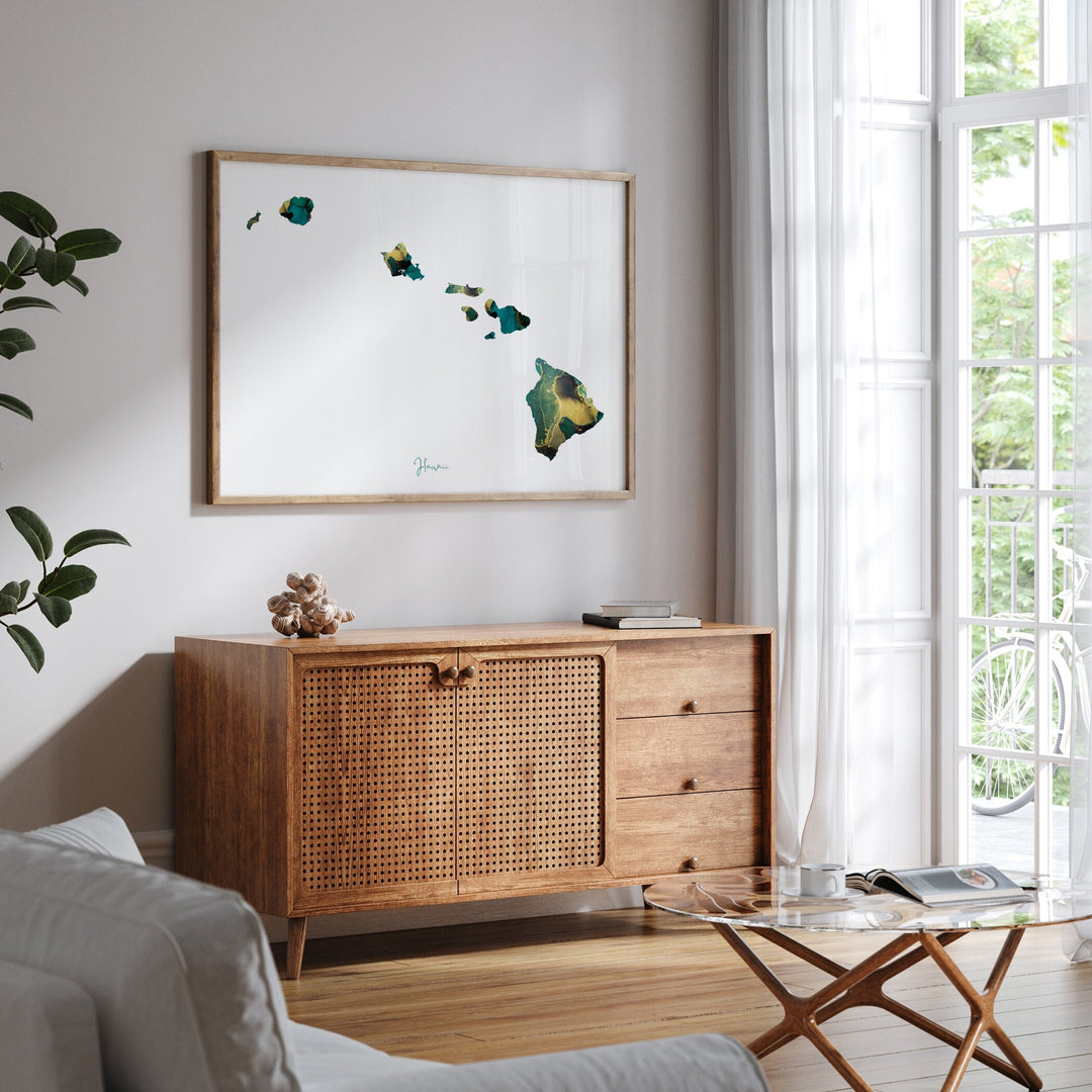 Hawaii Map Emerald Green and Gold Wall Art Print | US State | USA | United States of America