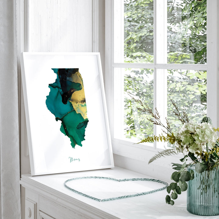 Illinois Map Emerald Green and Gold Wall Art Print | US State | USA | United States of America