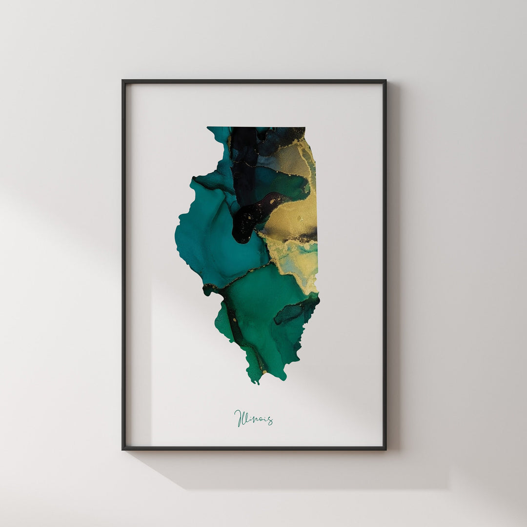 Illinois Map Emerald Green and Gold Wall Art Print | US State | USA | United States of America