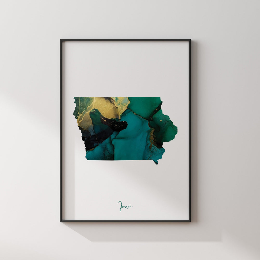 Iowa Map Emerald Green and Gold Wall Art Print | US State | USA | United States of America