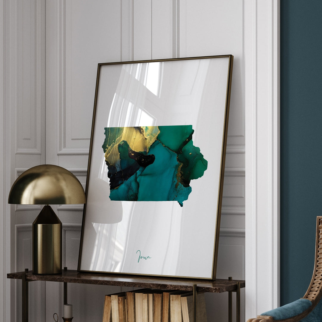 Iowa Map Emerald Green and Gold Wall Art Print | US State | USA | United States of America