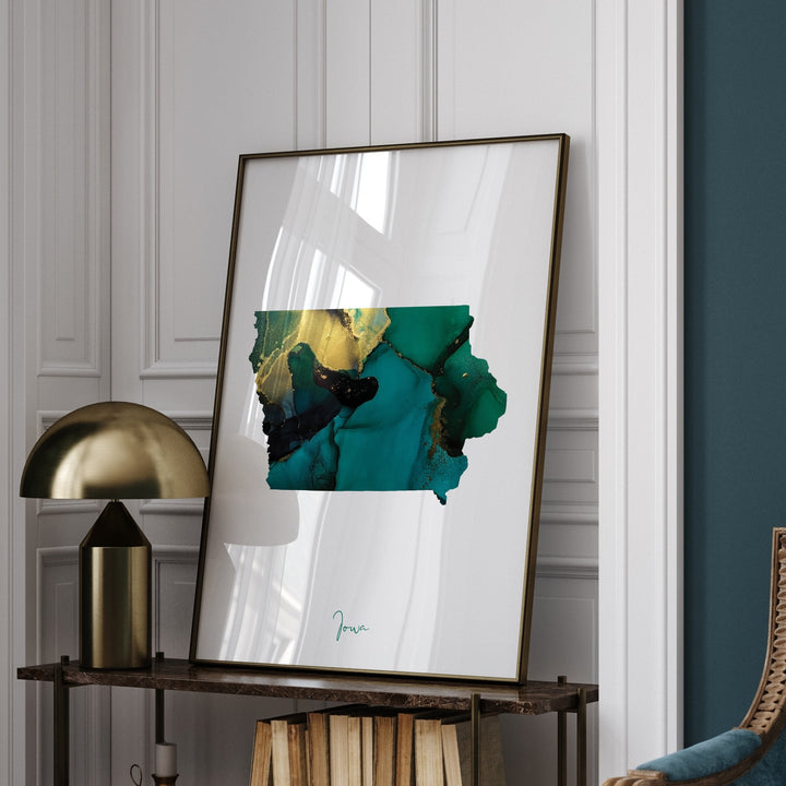 Iowa Map Emerald Green and Gold Wall Art Print | US State | USA | United States of America