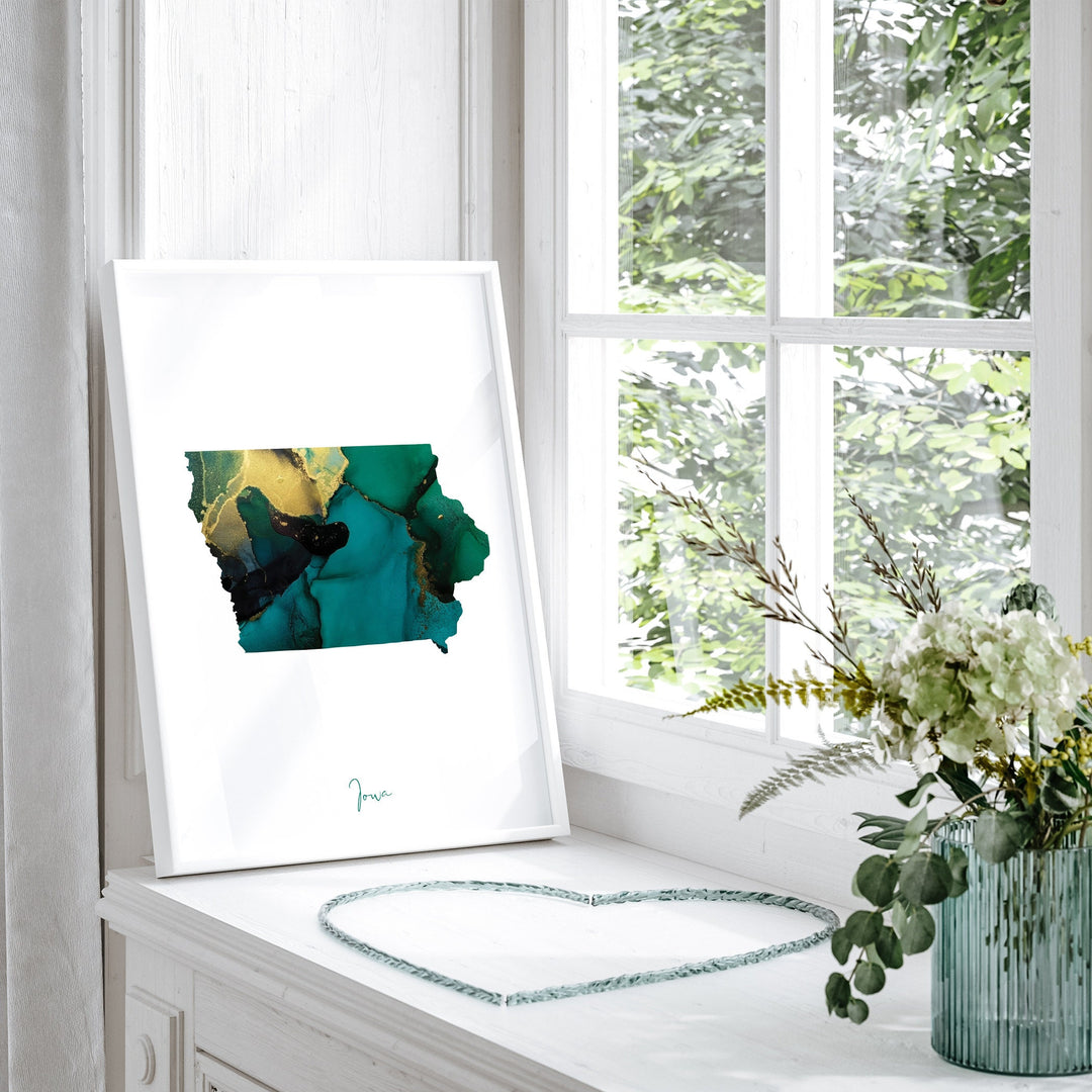 Iowa Map Emerald Green and Gold Wall Art Print | US State | USA | United States of America
