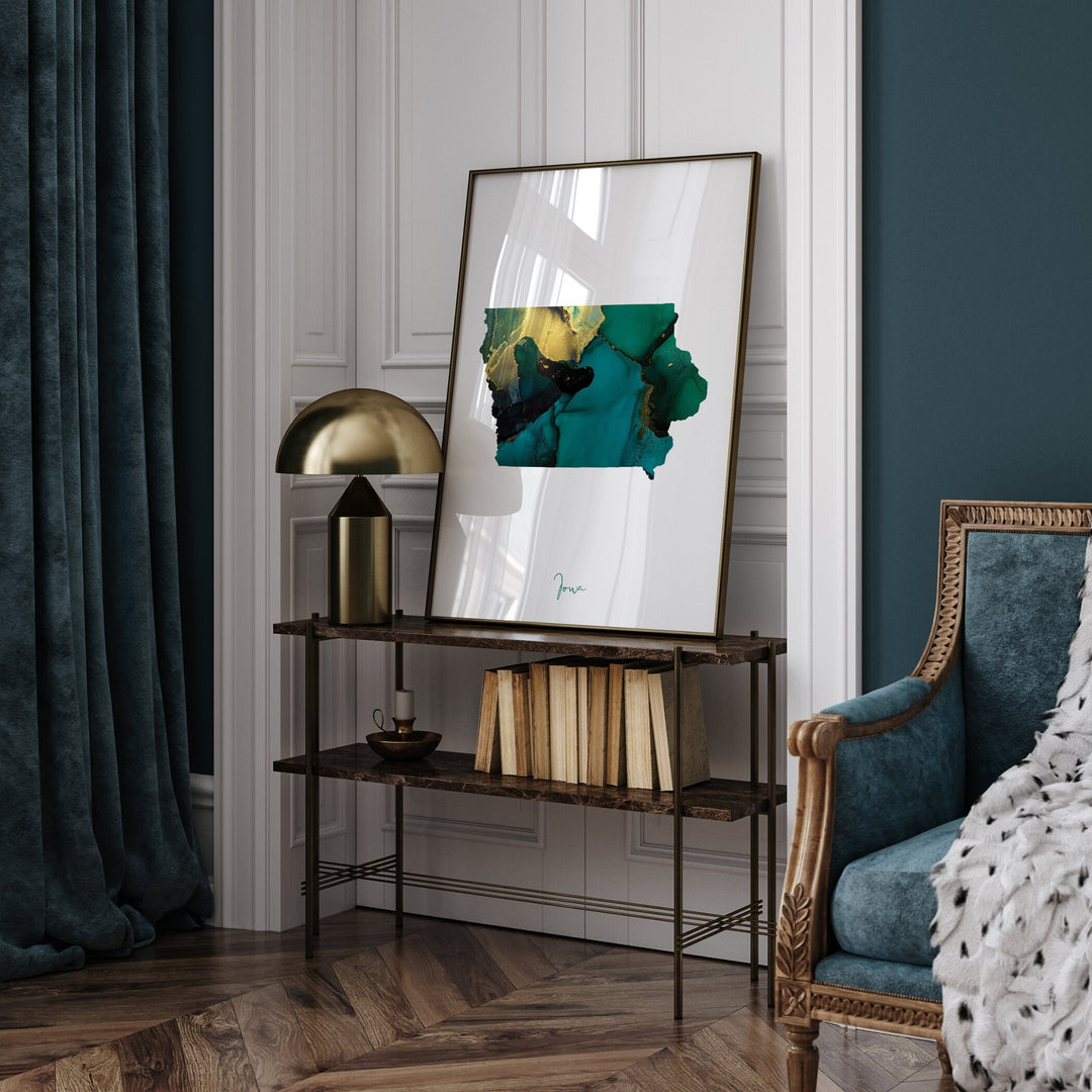 Iowa Map Emerald Green and Gold Wall Art Print | US State | USA | United States of America