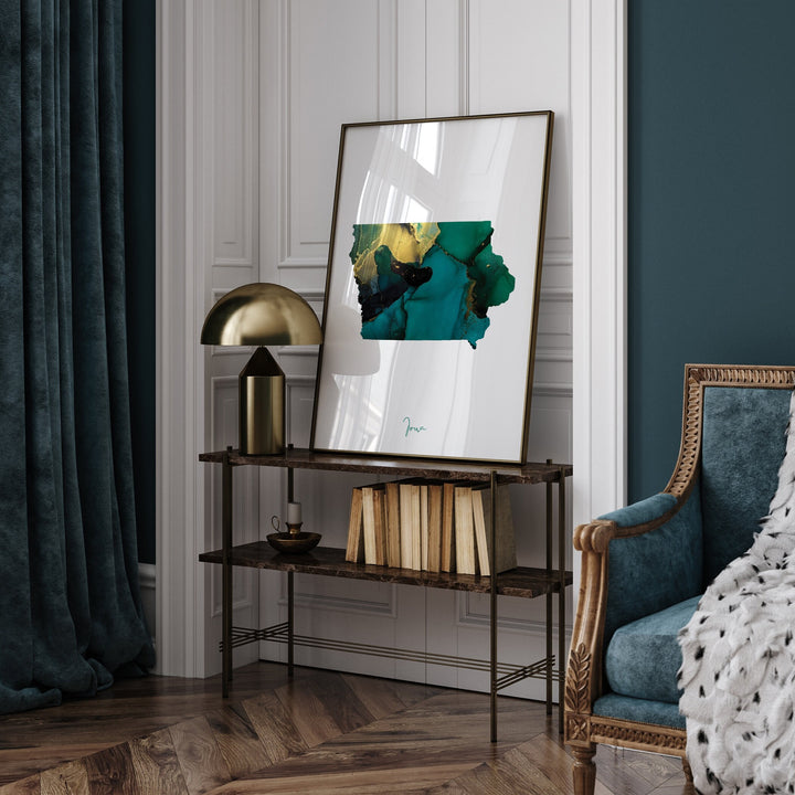 Iowa Map Emerald Green and Gold Wall Art Print | US State | USA | United States of America