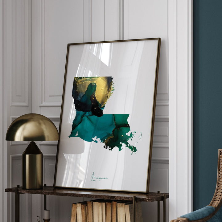 Louisiana Map Emerald Green and Gold Wall Art Print | US State | USA | United States of America