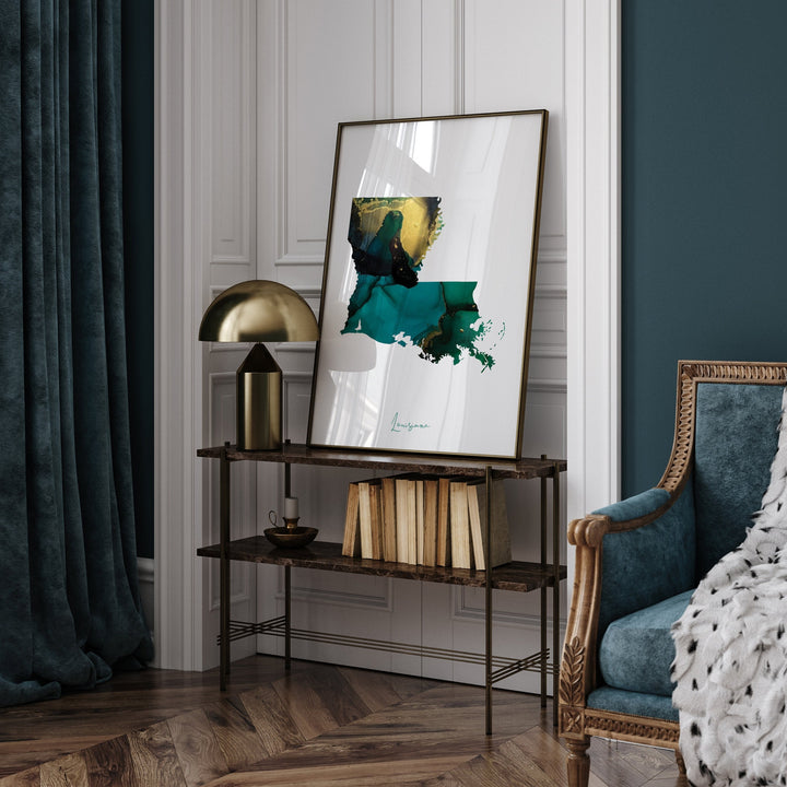 Louisiana Map Emerald Green and Gold Wall Art Print | US State | USA | United States of America
