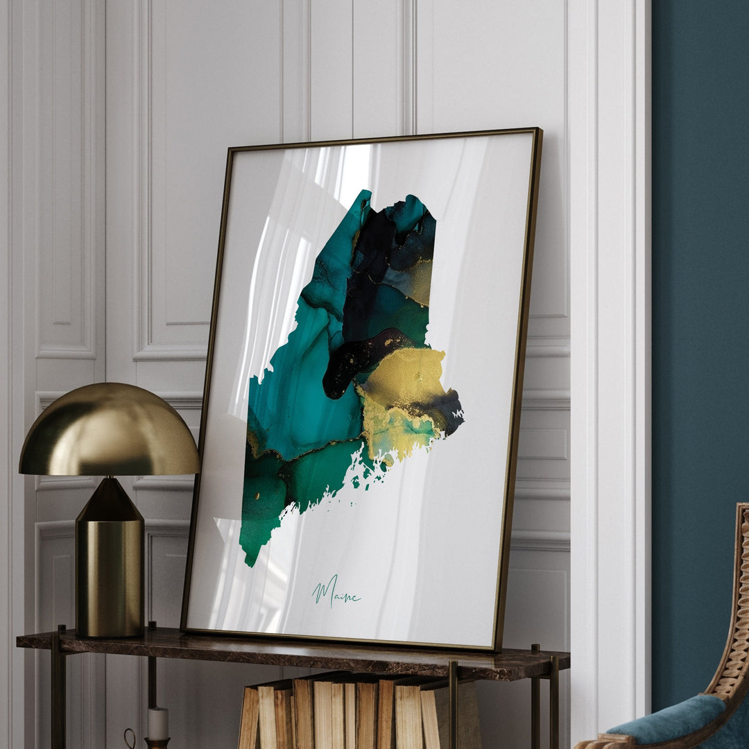 Maine Map Emerald Green and Gold Wall Art Print | US State | USA | United States of America