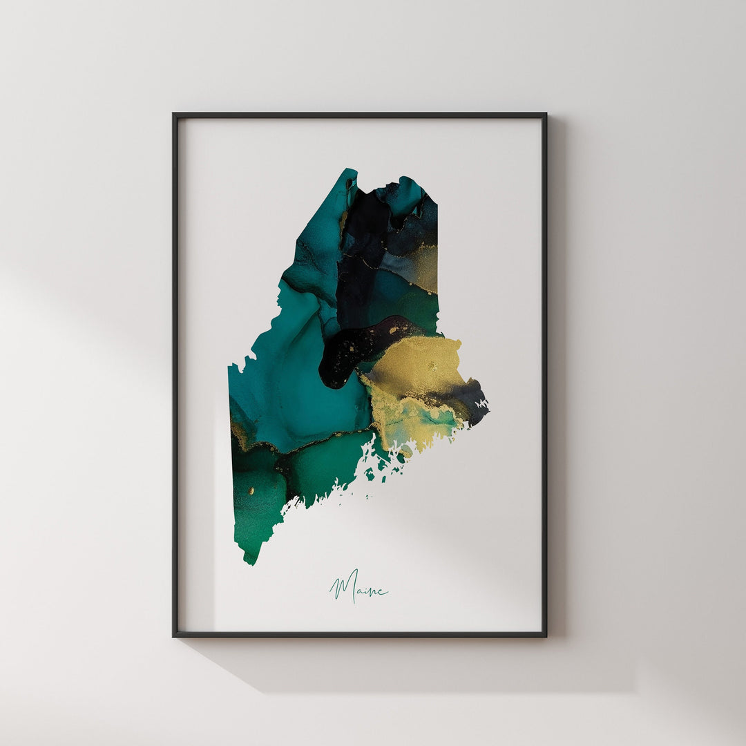 Maine Map Emerald Green and Gold Wall Art Print | US State | USA | United States of America