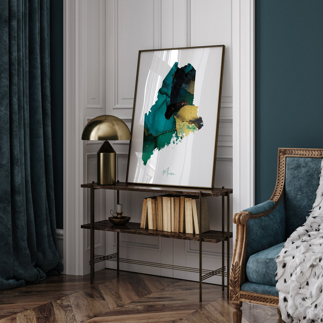 Maine Map Emerald Green and Gold Wall Art Print | US State | USA | United States of America