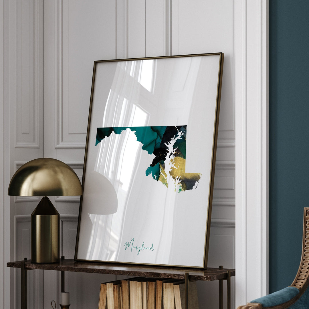 Maryland Map Emerald Green and Gold Wall Art Print | US State | USA | United States of America
