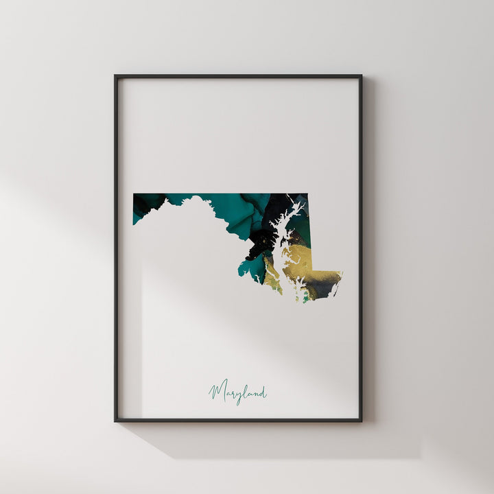Maryland Map Emerald Green and Gold Wall Art Print | US State | USA | United States of America