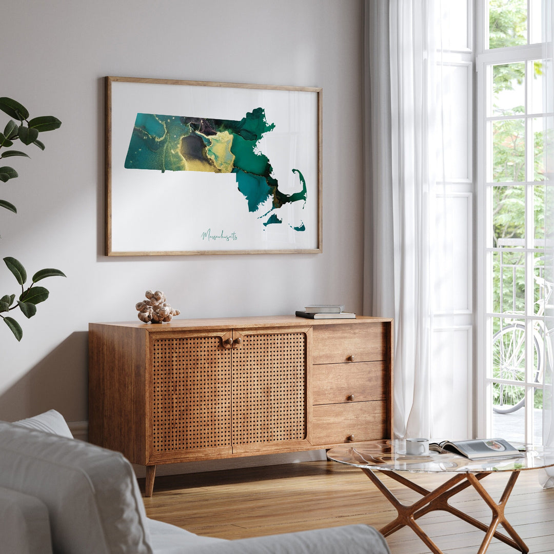 Massachusetts Map Emerald Green and Gold Wall Art Print | US State | USA | United States of America