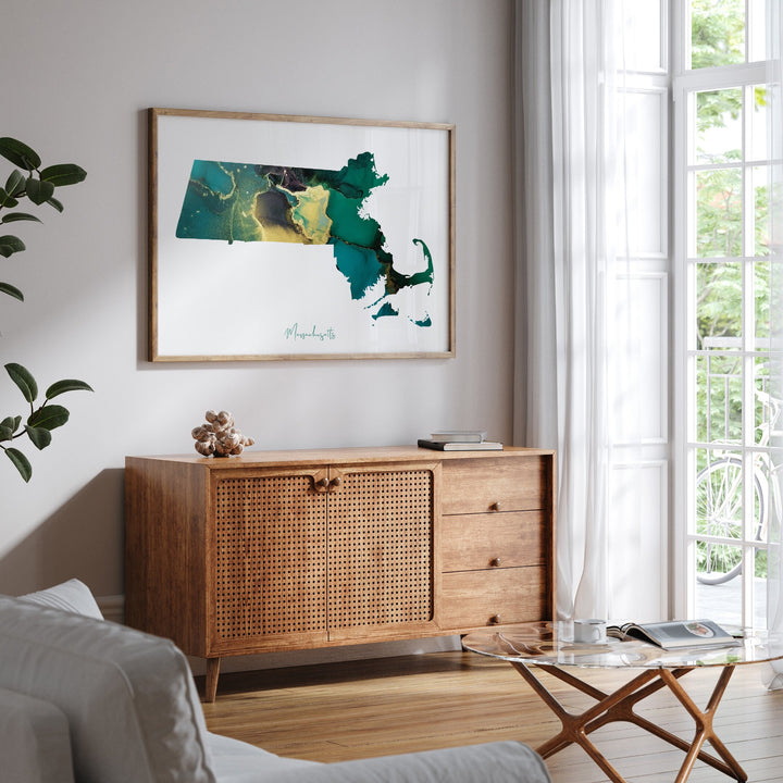 Massachusetts Map Emerald Green and Gold Wall Art Print | US State | USA | United States of America
