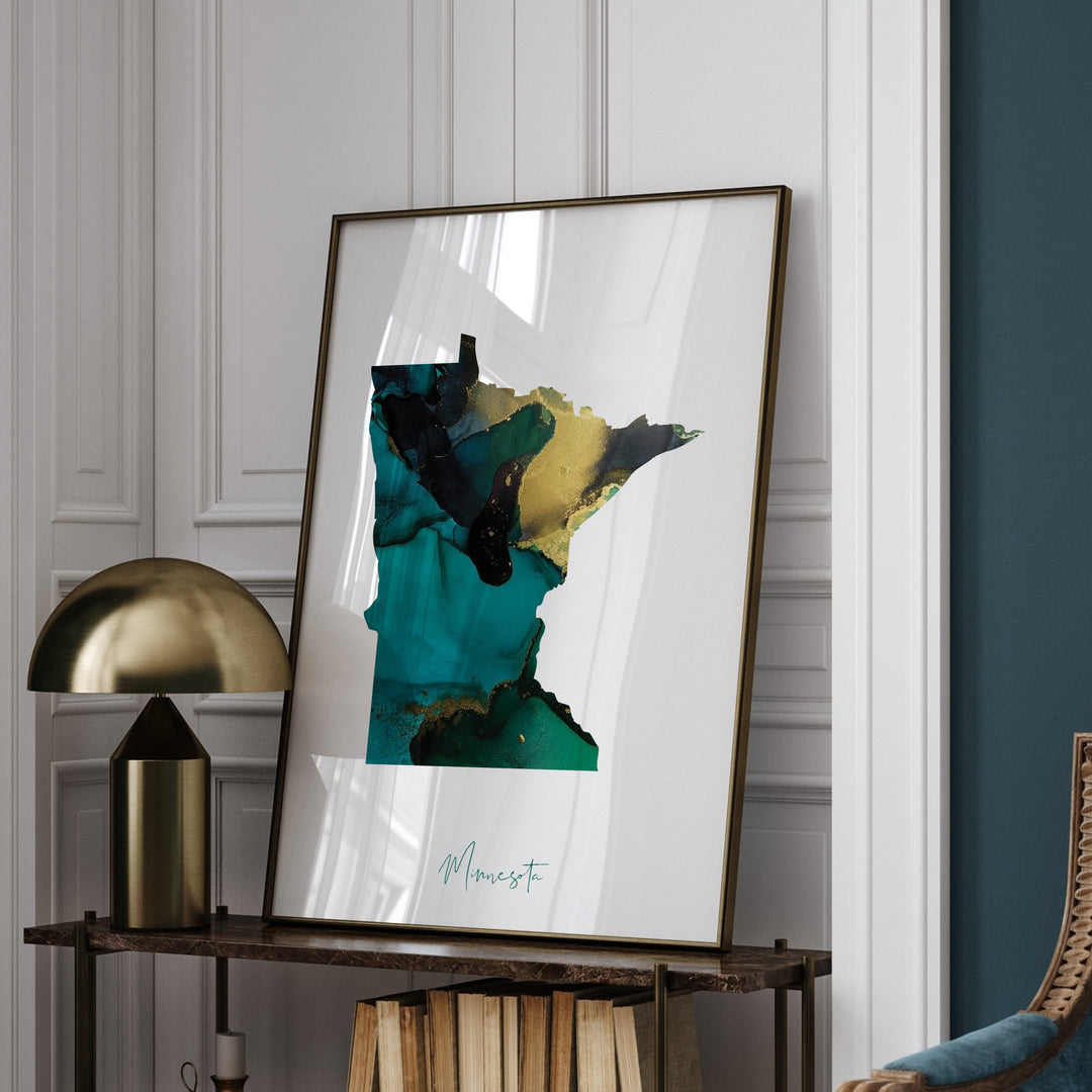 Minnesota Map Emerald Green and Gold Wall Art Print | US State | USA | United States of America