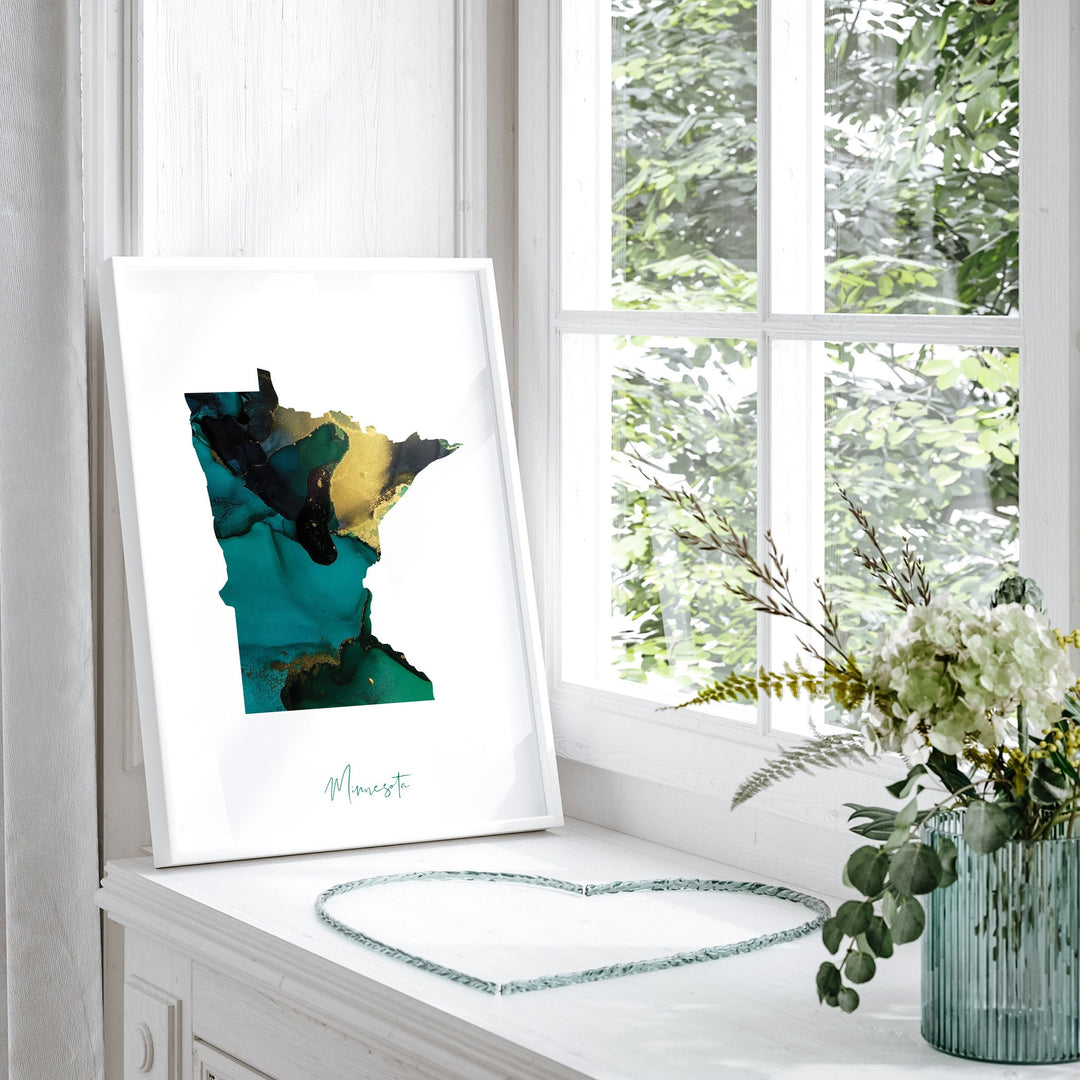 Minnesota Map Emerald Green and Gold Wall Art Print | US State | USA | United States of America