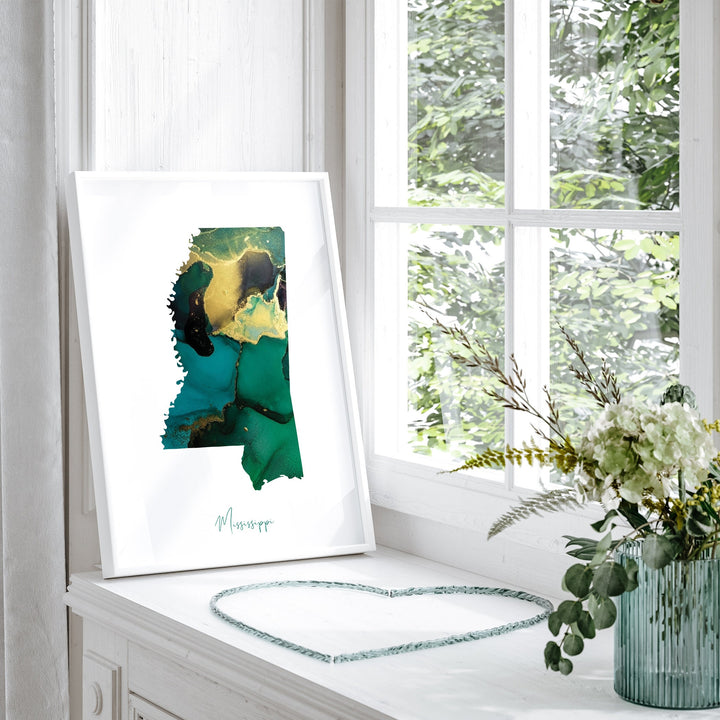 Mississippi Map Emerald Green and Gold Wall Art Print | US State | USA | United States of America
