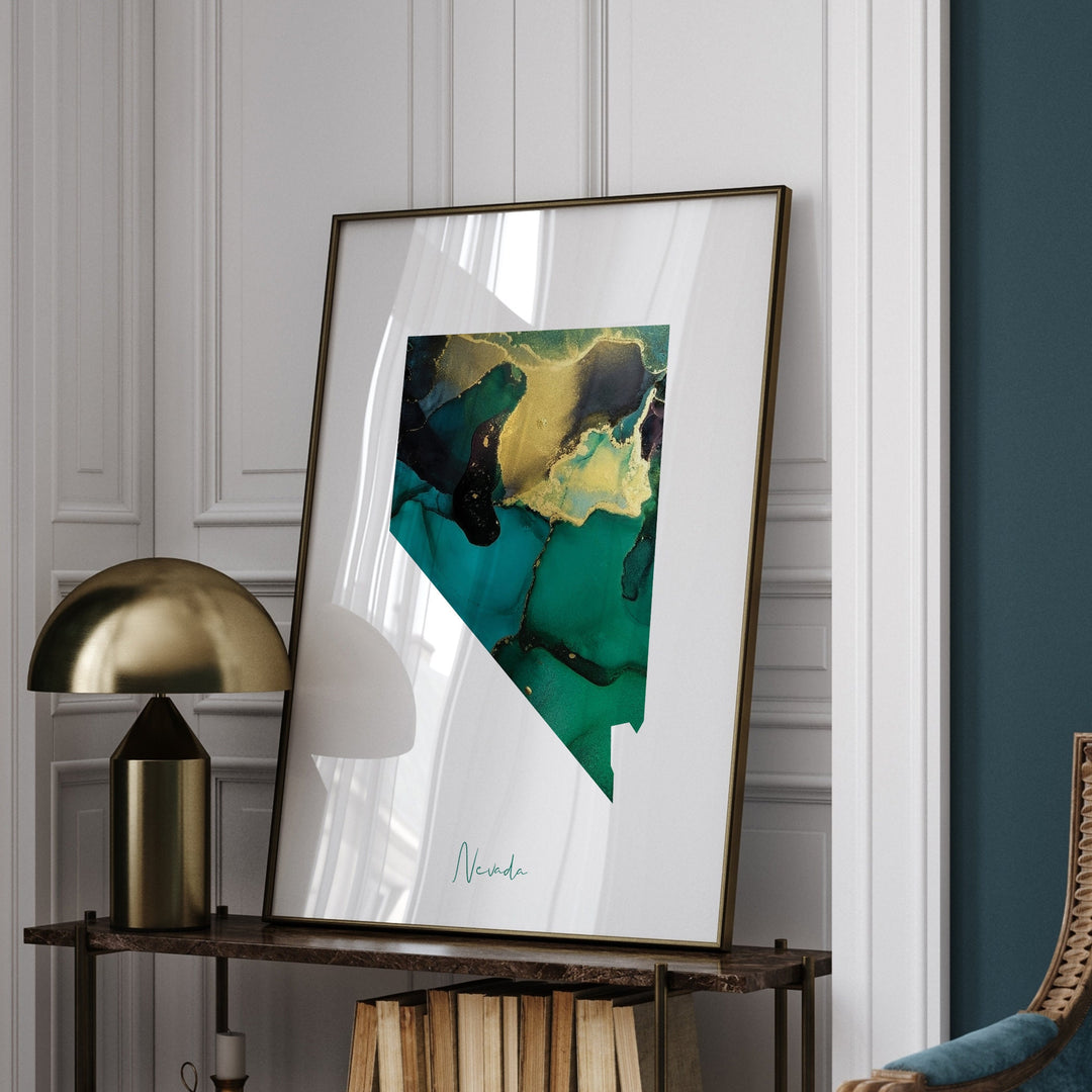 Nevada Map Emerald Green and Gold Wall Art Print | US State | USA | United States of America