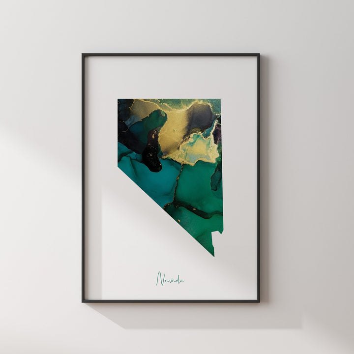 Nevada Map Emerald Green and Gold Wall Art Print | US State | USA | United States of America