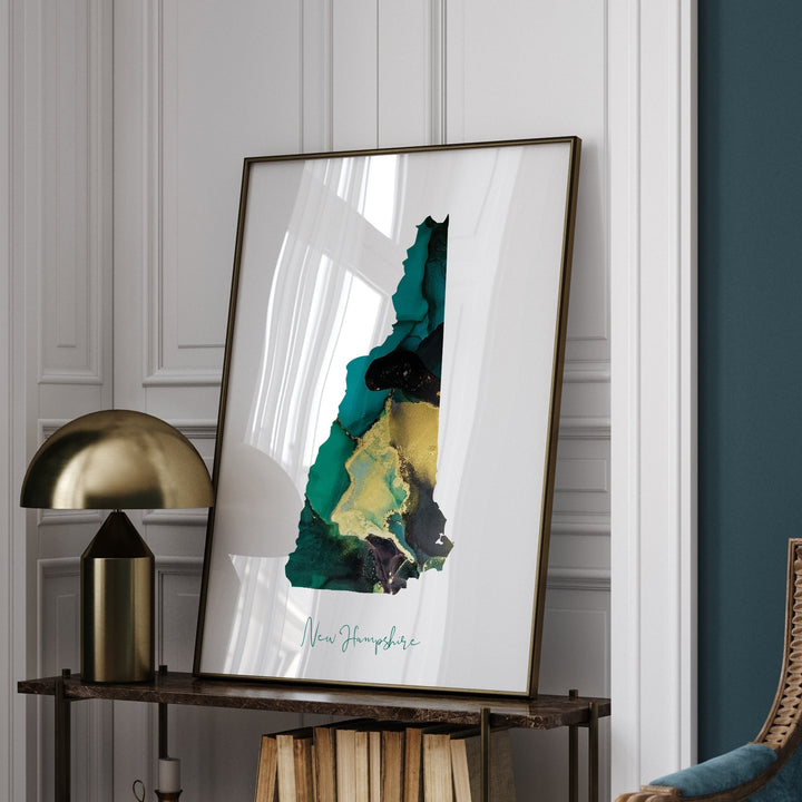 New Hampshire Map Emerald Green and Gold Wall Art Print | US State | USA | United States of America